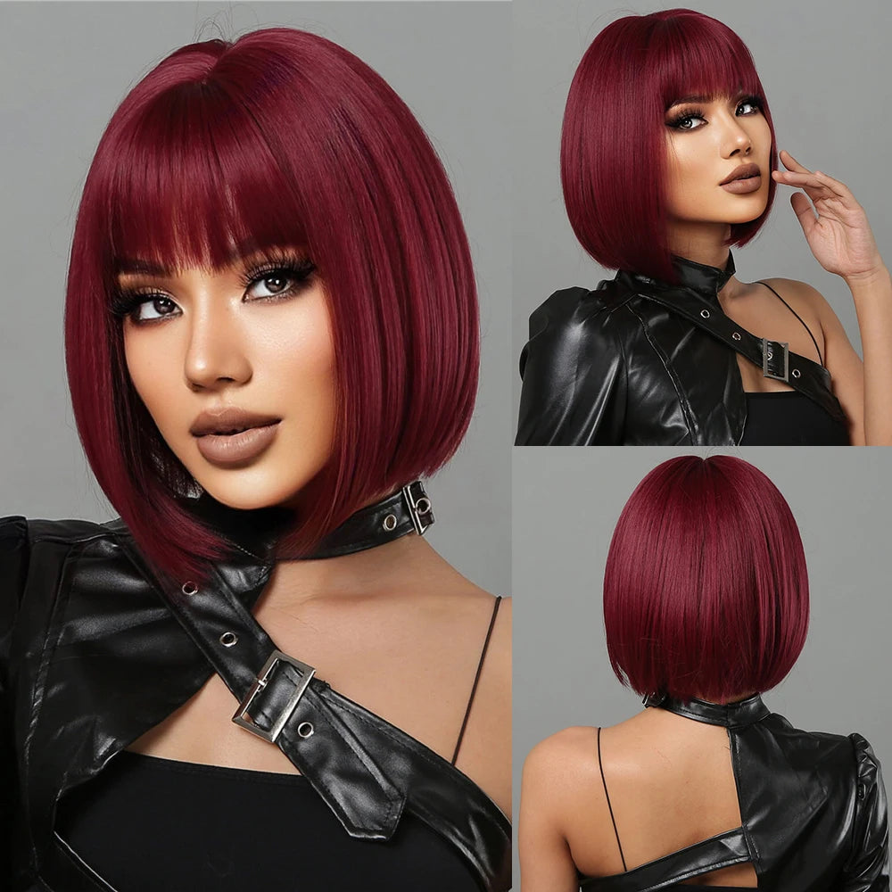 Synthetic Wigs Short Ombre Sky Blue White Wig with Bangs Straight Blunt Bob Cut Hair for Women Halloween Cosplay Heat Resistant