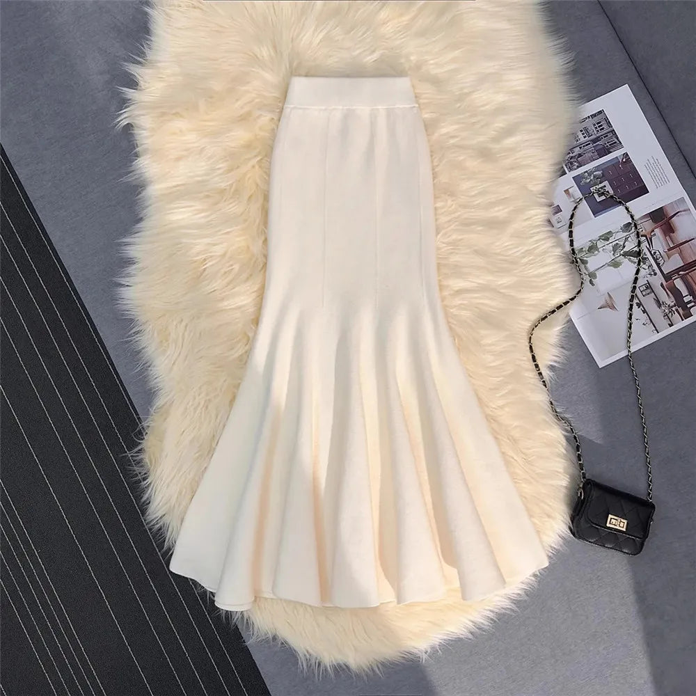 High Waist Knit Mermaid Skirt - Elegant Trumpet Style Long Skirt for Women