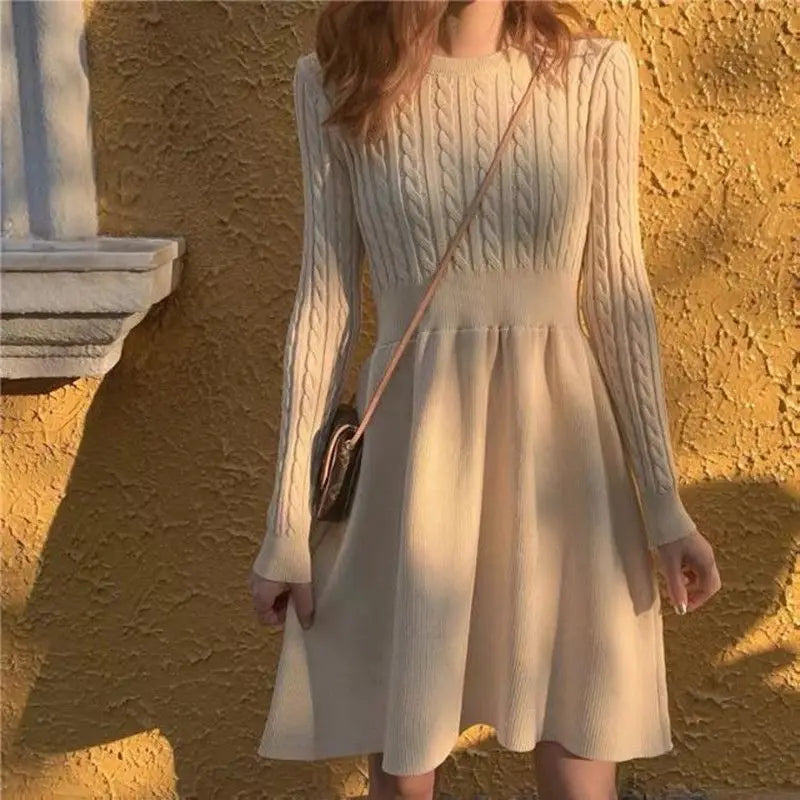 French Temperament Knitted Sweater Dress - High Waist Base Layer Dress for Autumn Winter