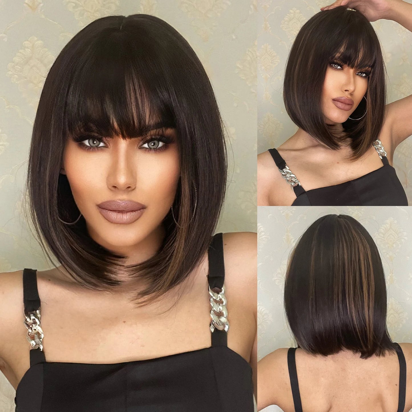 Synthetic Wigs Short Ombre Sky Blue White Wig with Bangs Straight Blunt Bob Cut Hair for Women Halloween Cosplay Heat Resistant