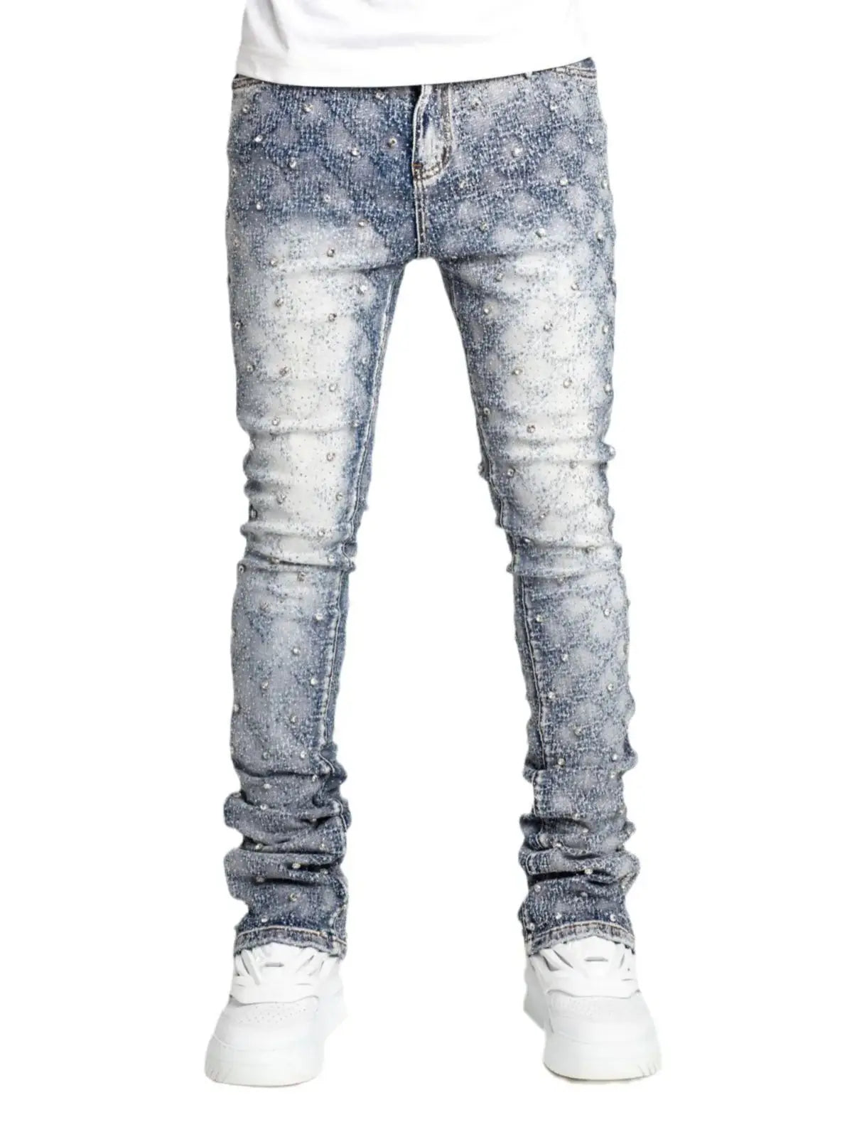 Stretchy Pearls Skinny Jeans For Men 2024 New Fashion Fashion Rhinestone European Street Personality Stacked Denim Pants