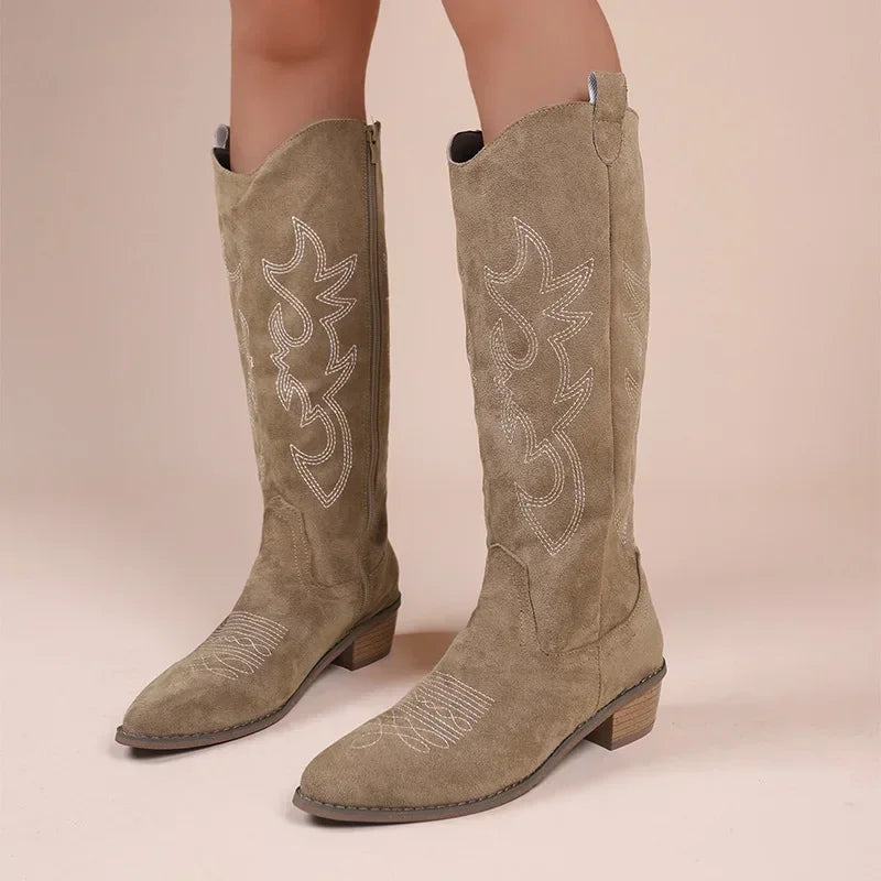 Embroidered Western Cowboy Boots for Women - Pointed Toe Knee High Boots with Thick Heel