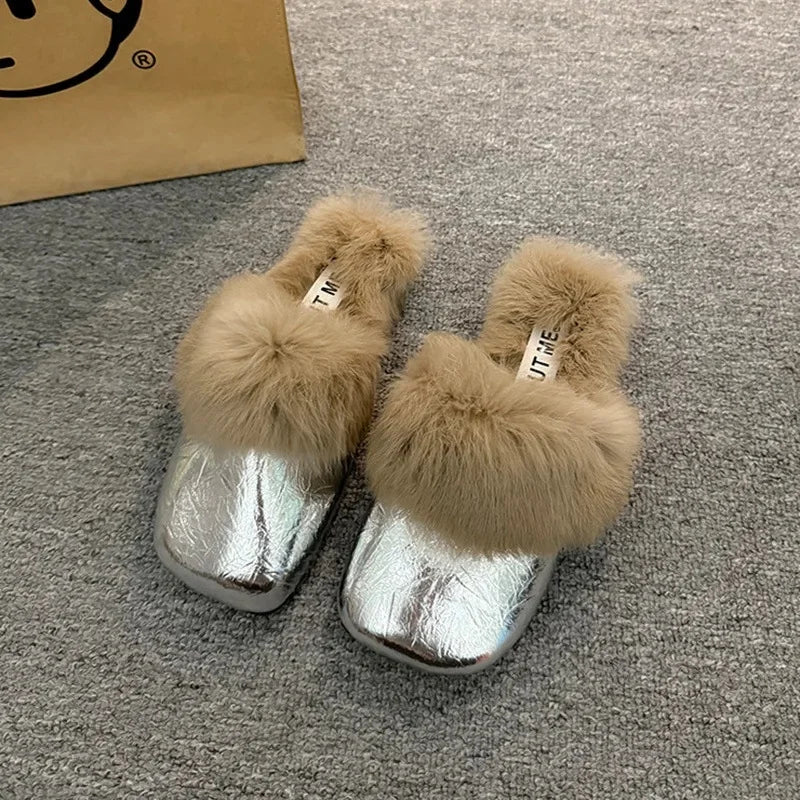Women's Autumn/Winter Outdoor Wear New Style Flat Bottom Fur Slippers One Foot Drag No Heel Mule Fur Slippers Adult Simple