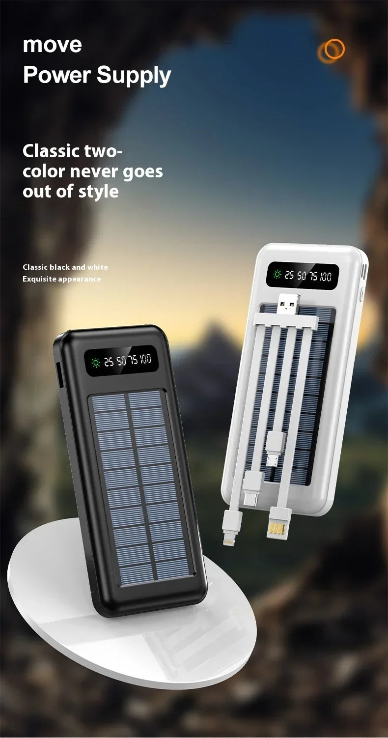 Solar Power Bank 20000mAh - Portable Fast Charging Outdoor Power Bank with Removable Cable