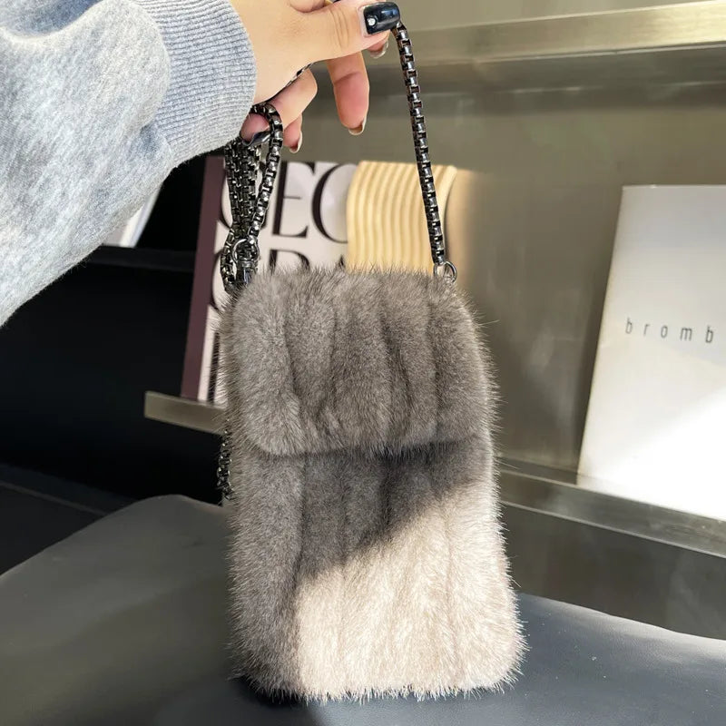 Real Mink Fur Bag Crossbody Bags For Women Phone Bag Lady Shoulder Bags Real Fur Bag Female Messenger Bag Winter Handbag Ladies