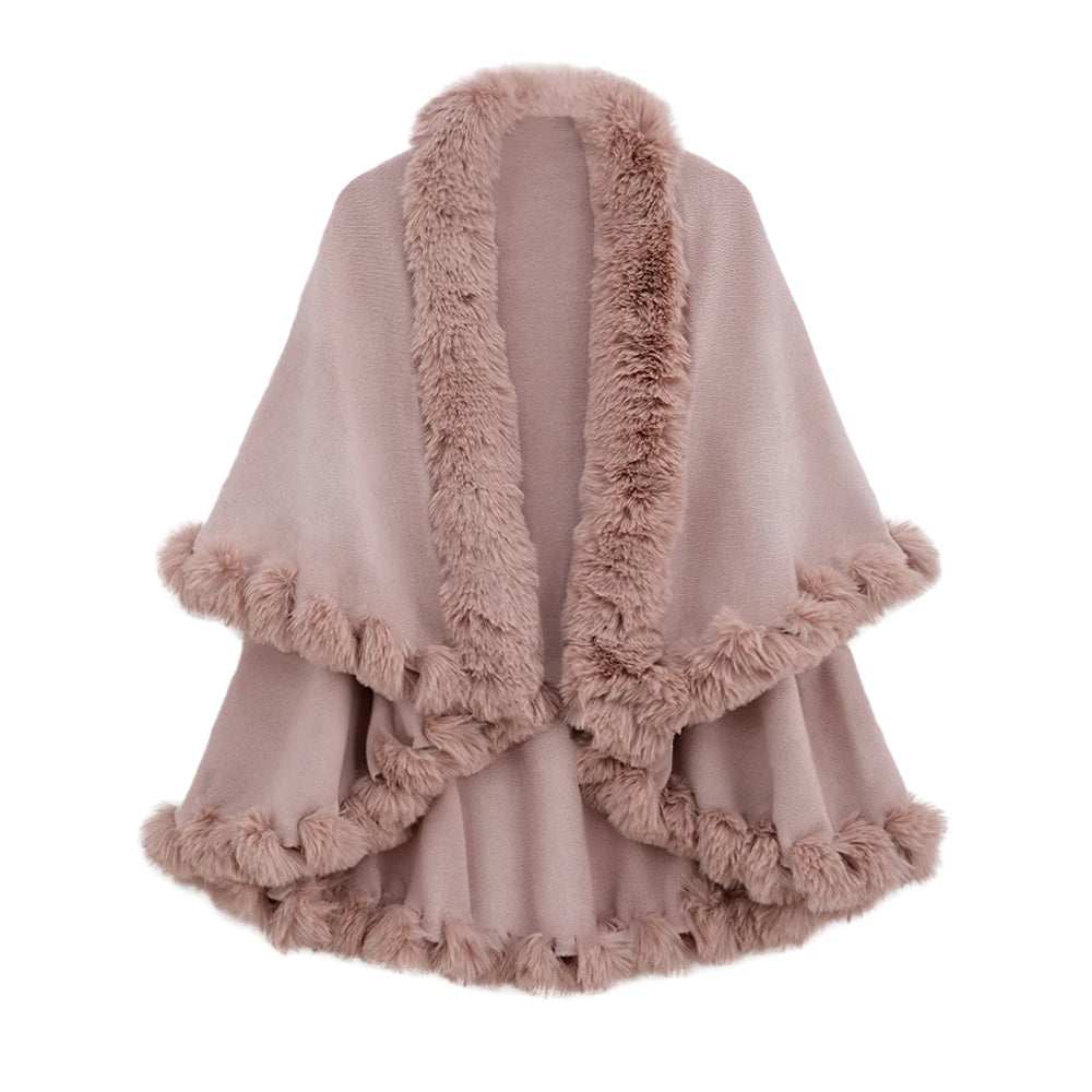 Double Layer Faux Fur Trim Womens Knitted Poncho Shawl Warm Cape Multiple Colors Ideal for Fall and Winter Daily and Formal Wear