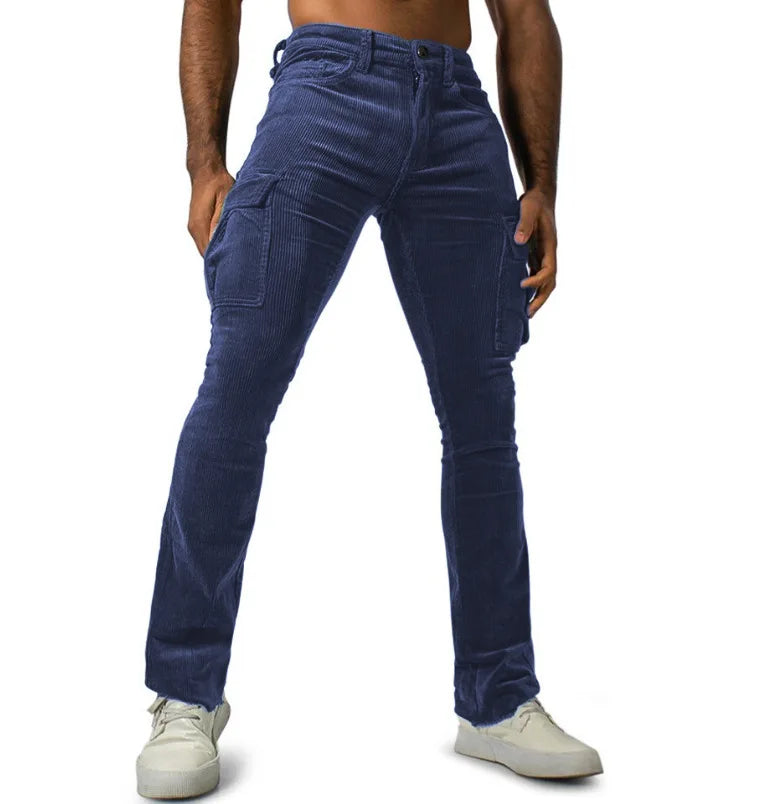 Men's Stretch Work Pants with Multiple Pockets Slim Fit Running Pants, Corduroy Casual Pants Breathable Street Style and Warm