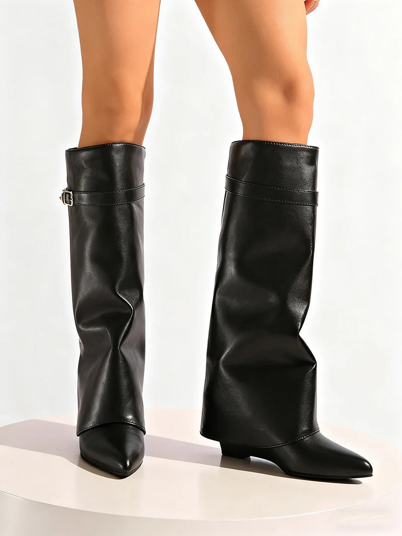 Designer Women's Long Boots - Wide Calf Shark Boots with Wedge Heel Knee High