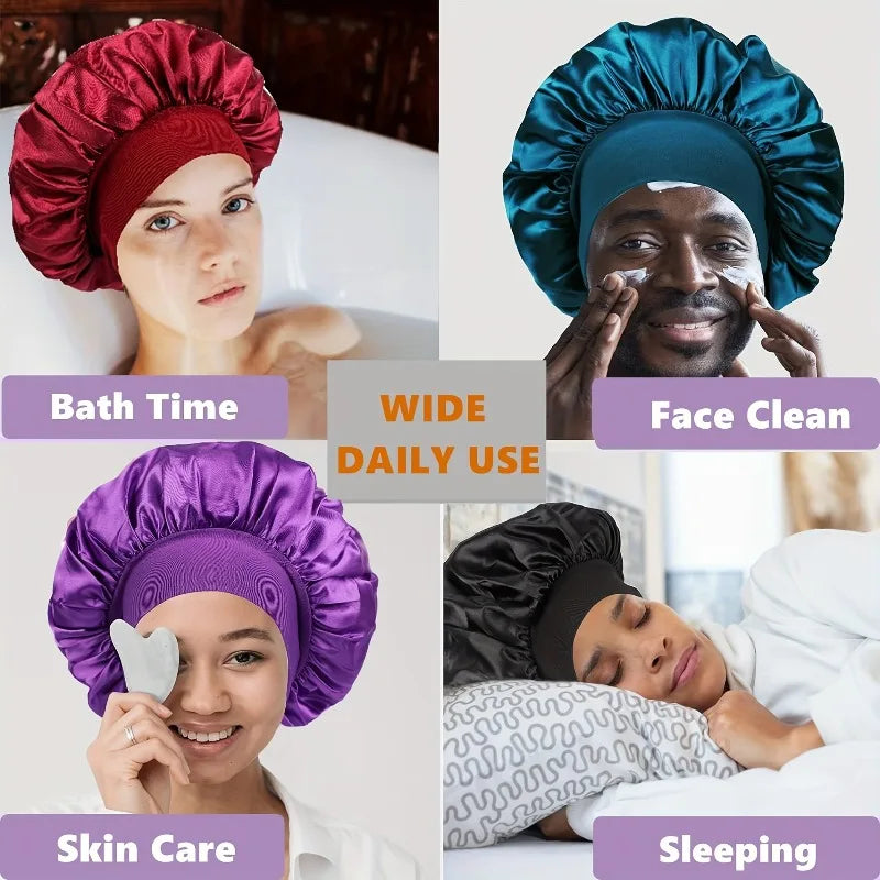 Women Satin Bonnet Wide Band Elastic Sleep Cap Hair Care Head Wrap Beauty Spa Bathing Hat Night Sleeping Cap for Curly Long Hair