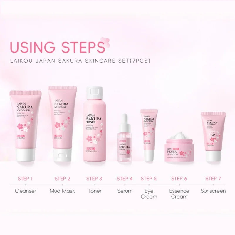 Korean Sakura Skincare Set Hydration Moisturize Cleanse Pores Sunscreen Protection Cosmetic Beauty
