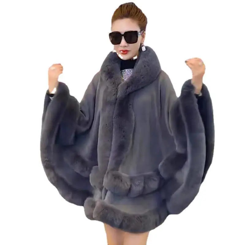 7 Women 2 Circle Fur Poncho Shawl Cloak With Hat Faux Fur Cape Big Pendulum Dovetail Cardigan Winter Warm Thick Loose Overcoat