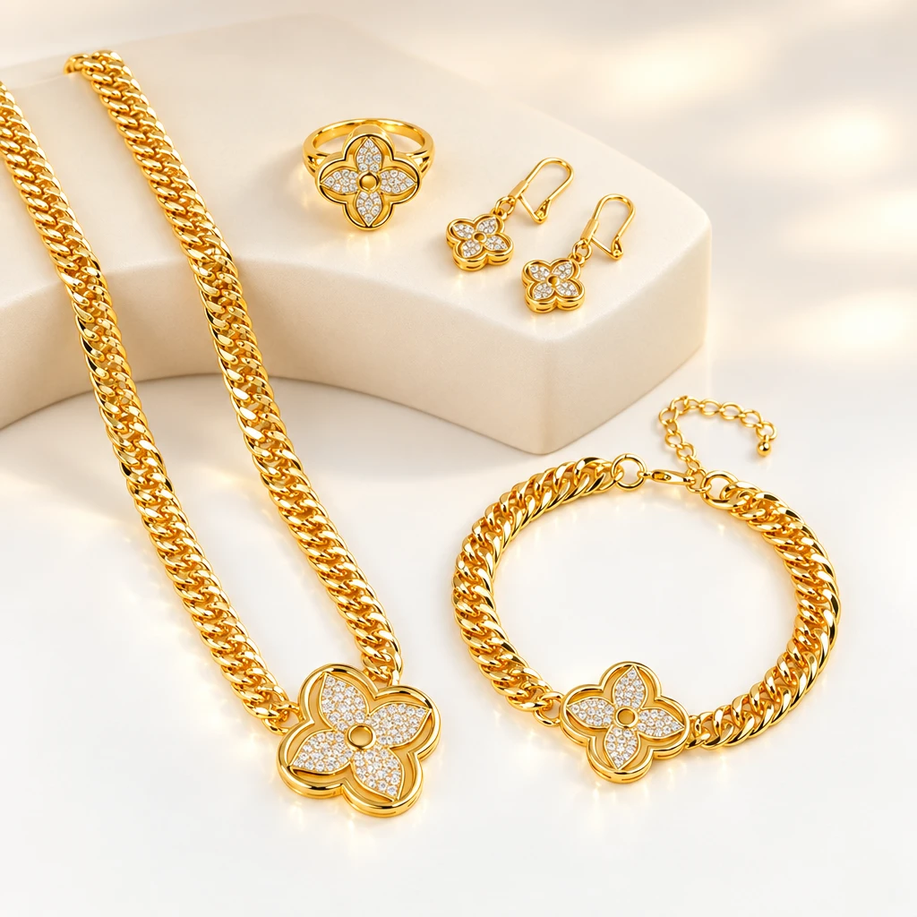 Gold jewelry set featuring a curb chain necklace, bracelet, ring, and drop earrings with pavé clover pendants.