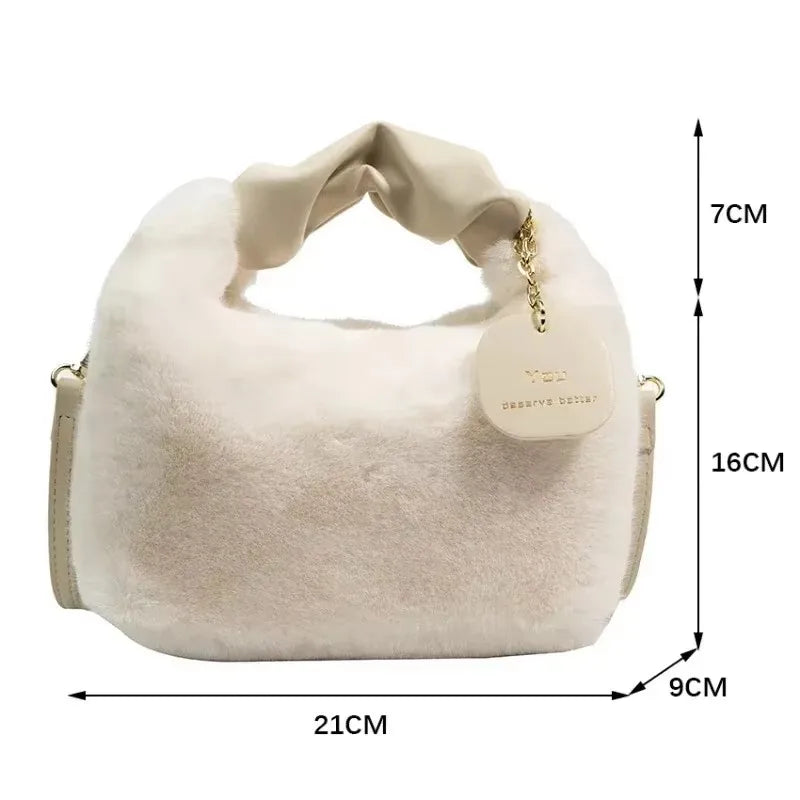 Women Faux Fur Plush Handbags Ruched Handle Small Lady Shoulder Crossbody Bag Casual Half-Moon Hobos Winter Bags for Women