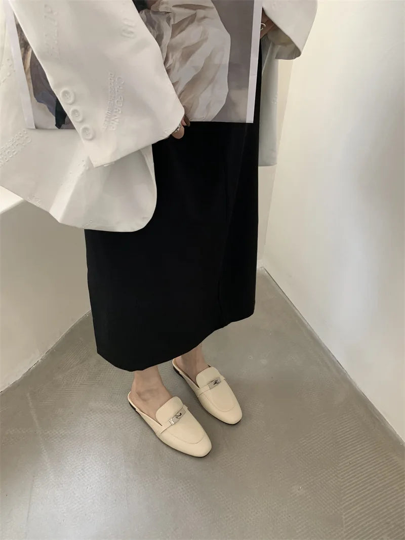 2025 Summer Autumn New Women's Leather Comfortable Slip On Slippers Daily Metal Decoration Casual Outside Mules Female Sandals