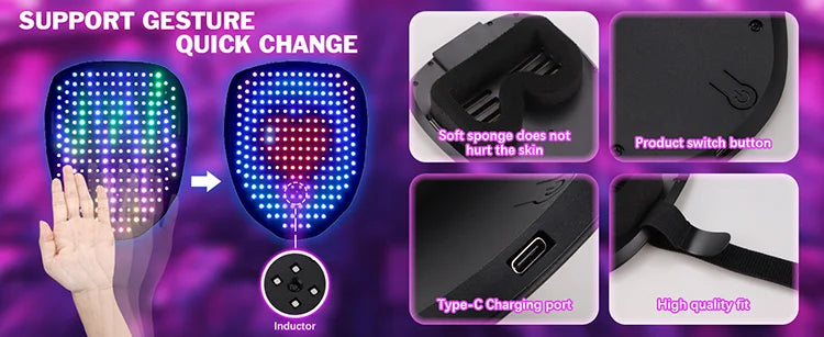 LED Gesture Sensing Mask - Light Up Face Transforming Halloween Costume Mask