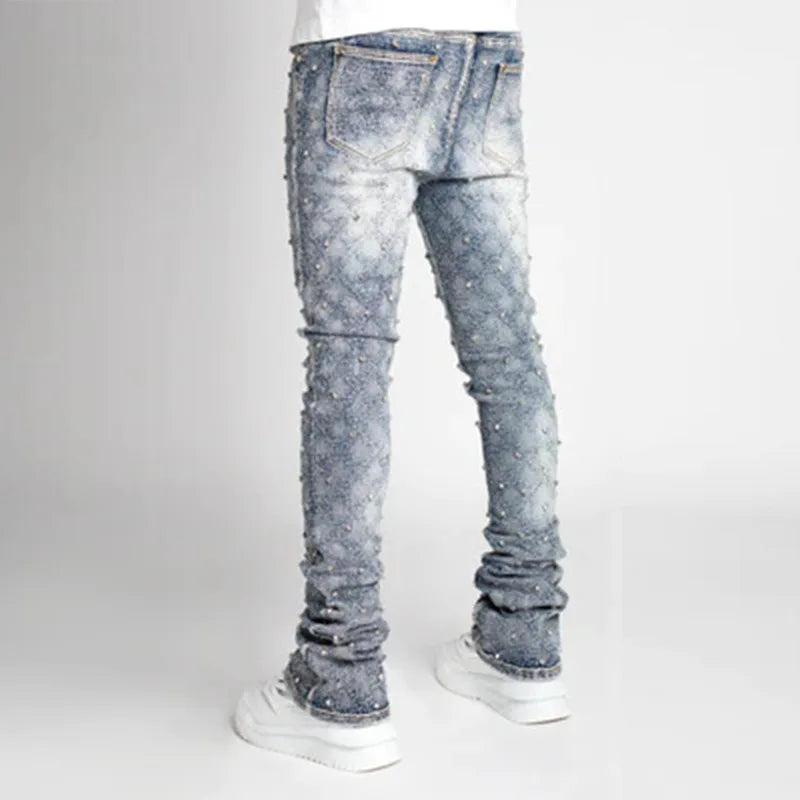 Stretchy Pearls Skinny Jeans For Men 2024 New Fashion Fashion Rhinestone European Street Personality Stacked Denim Pants