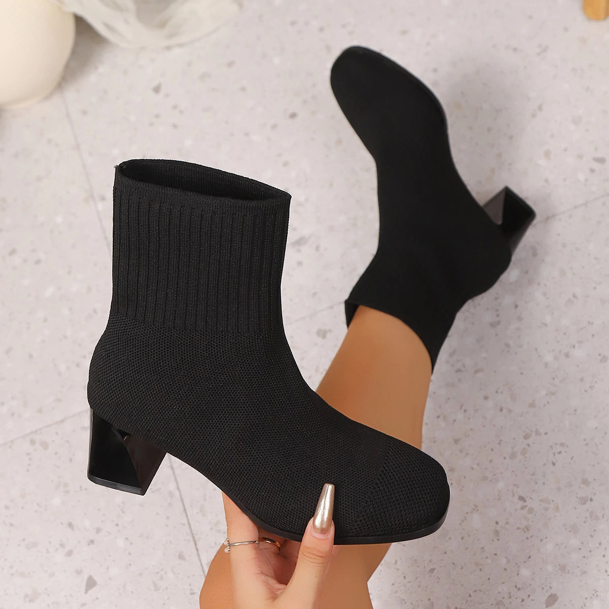 Women's Knitted Heel Boots 2025 - Yellow Beige Fashion Elastic Sock Boots with Square Heel