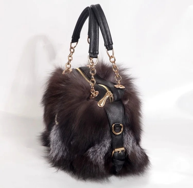 Real Fur Women Handbags Women Luxury Fox Fur Bag Fashion Female Furry Handbag Real Leather Evening Bag Natural Fur Shoulder Bag