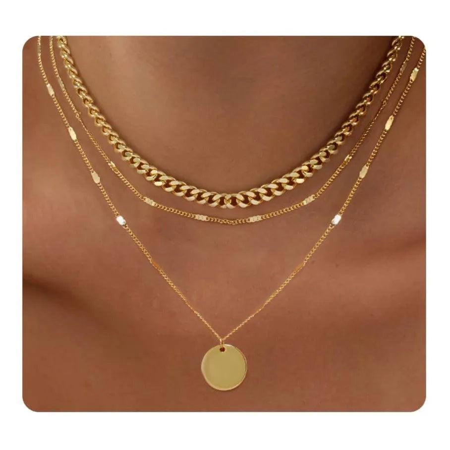 LENNIK European Layered Necklace - Brass Gold Plated Choker Chain Jewelry