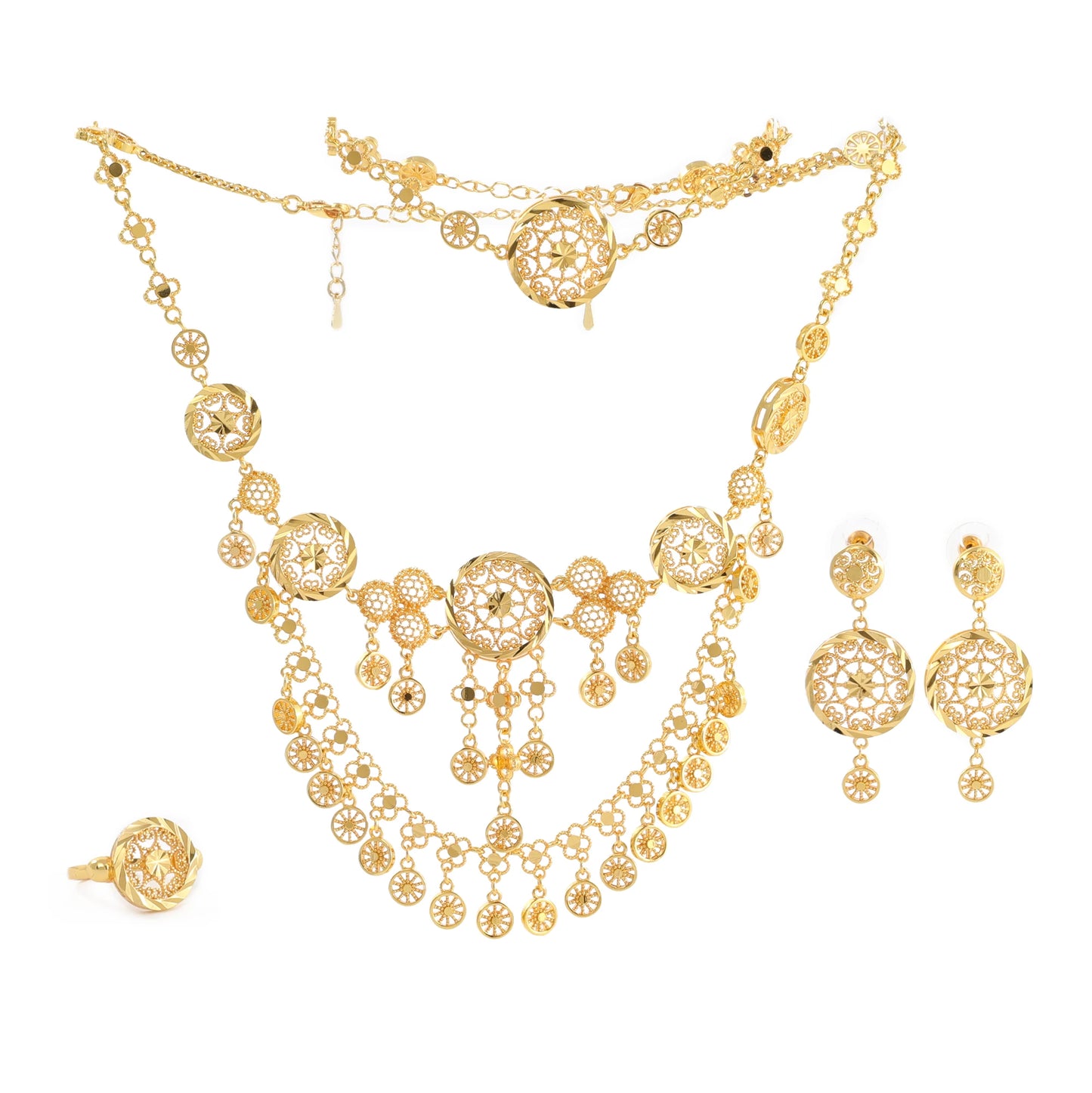 Dubai Gold Plated Necklace Earrings Ring Bracelet Arabian Traditional Vintage Jewelry Women's Set Bridal Wedding Jewelry