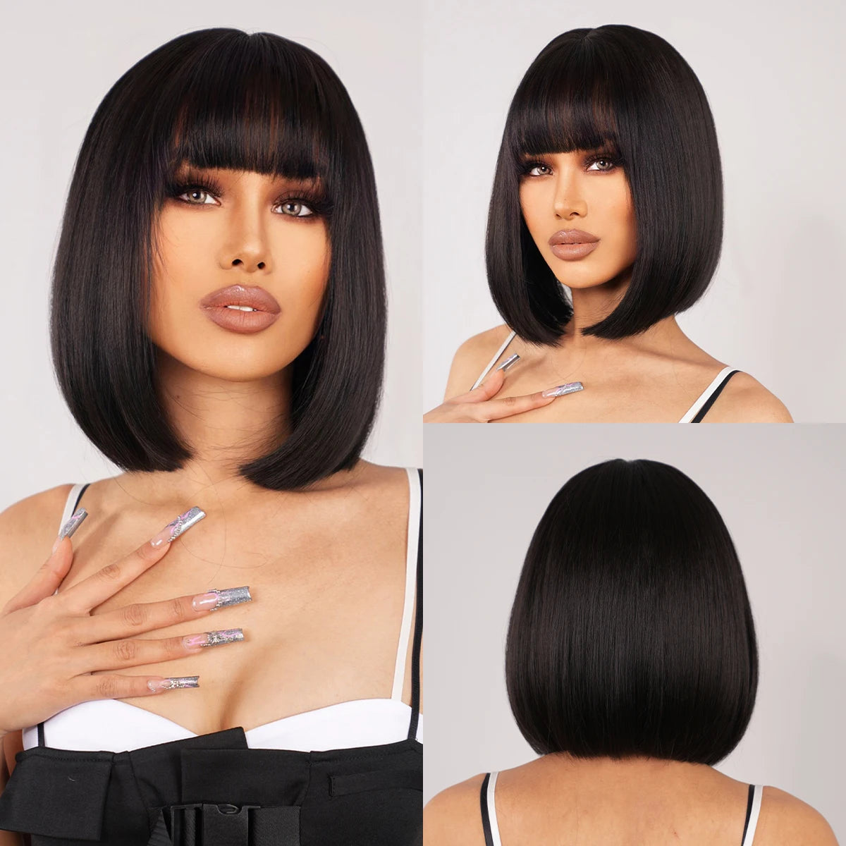 Synthetic Wigs Short Ombre Sky Blue White Wig with Bangs Straight Blunt Bob Cut Hair for Women Halloween Cosplay Heat Resistant