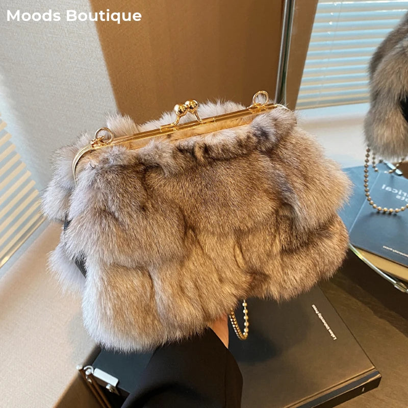 Luxury Soft Plush Evening Bags For Elegant Women Fox Fur Dinner Party Clutch Chain Crossbody Winter Warm Luxury Designer Handbags