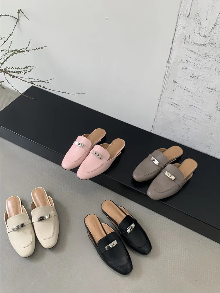 2025 Summer Autumn New Women's Leather Comfortable Slip On Slippers Daily Metal Decoration Casual Outside Mules Female Sandals