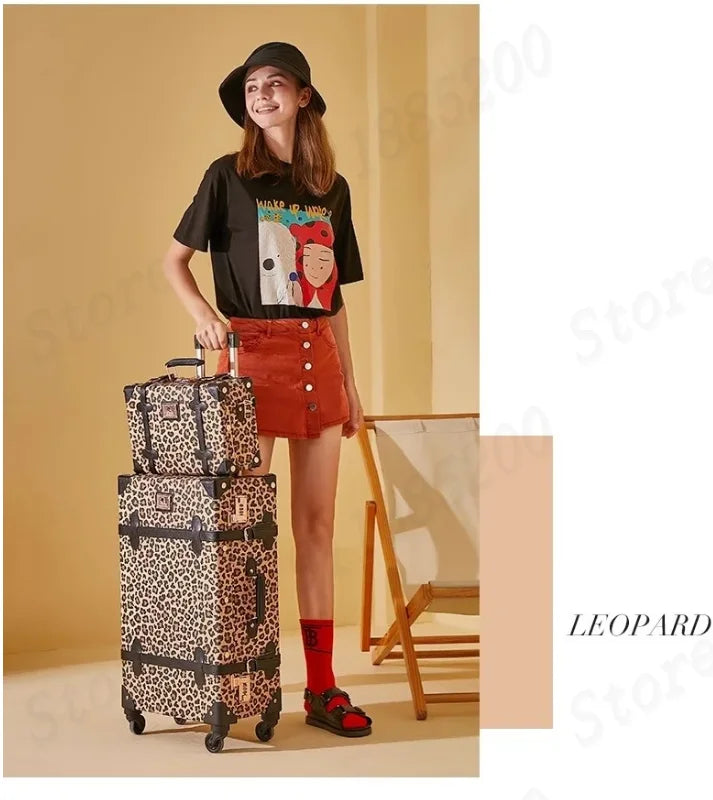 Trendy Retro Luggage Women's Roller Trunk Leopard Print Leather Suitcase 20" Boarding Box Set Waterproof Password Suitcase