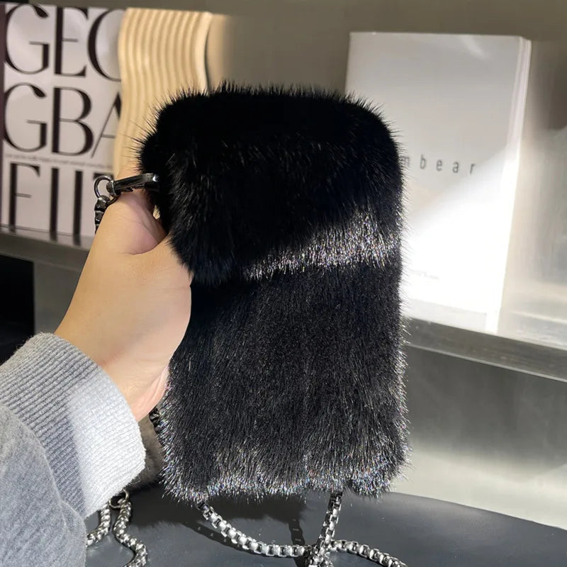 Real Mink Fur Bag Crossbody Bags For Women Phone Bag Lady Shoulder Bags Real Fur Bag Female Messenger Bag Winter Handbag Ladies