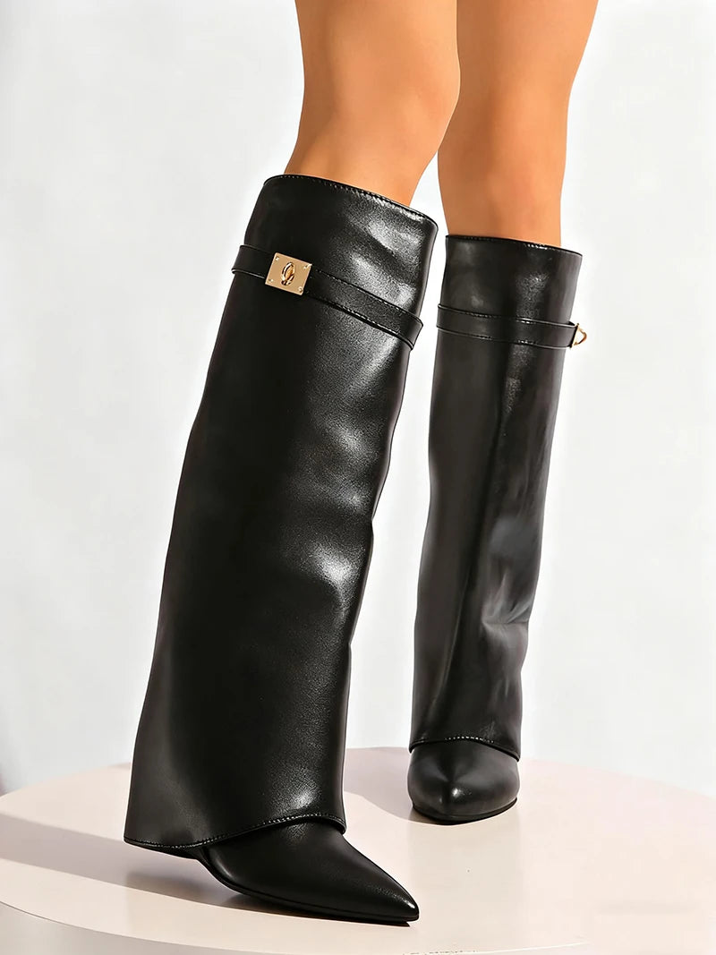 Designer Women's Long Boots - Wide Calf Shark Boots with Wedge Heel Knee High