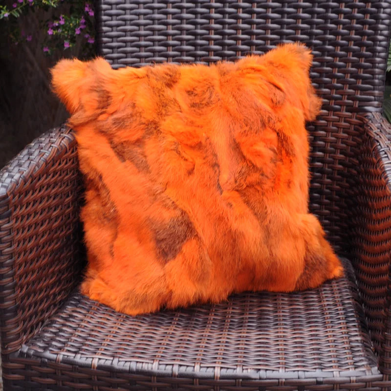 Bright orange patchwork faux fur cushion cover for sofa living room decor.