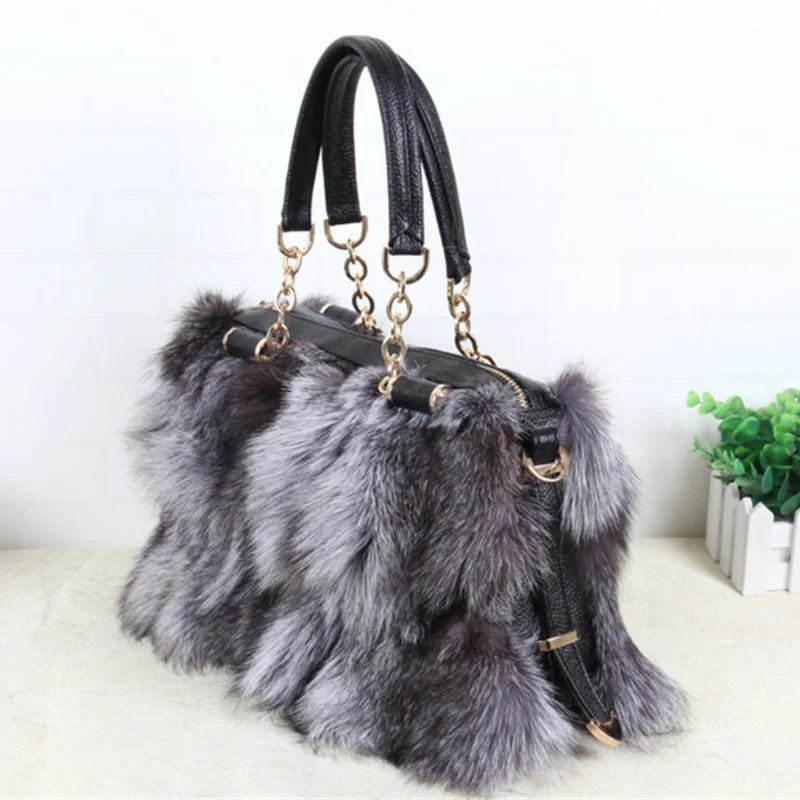 2026 Luxury Real Fox Fur Bag Winter Women Handbag Designer Luxury Bag Evening Party Bags Leather High Quality Shoulder Bag Natural Fur Bag