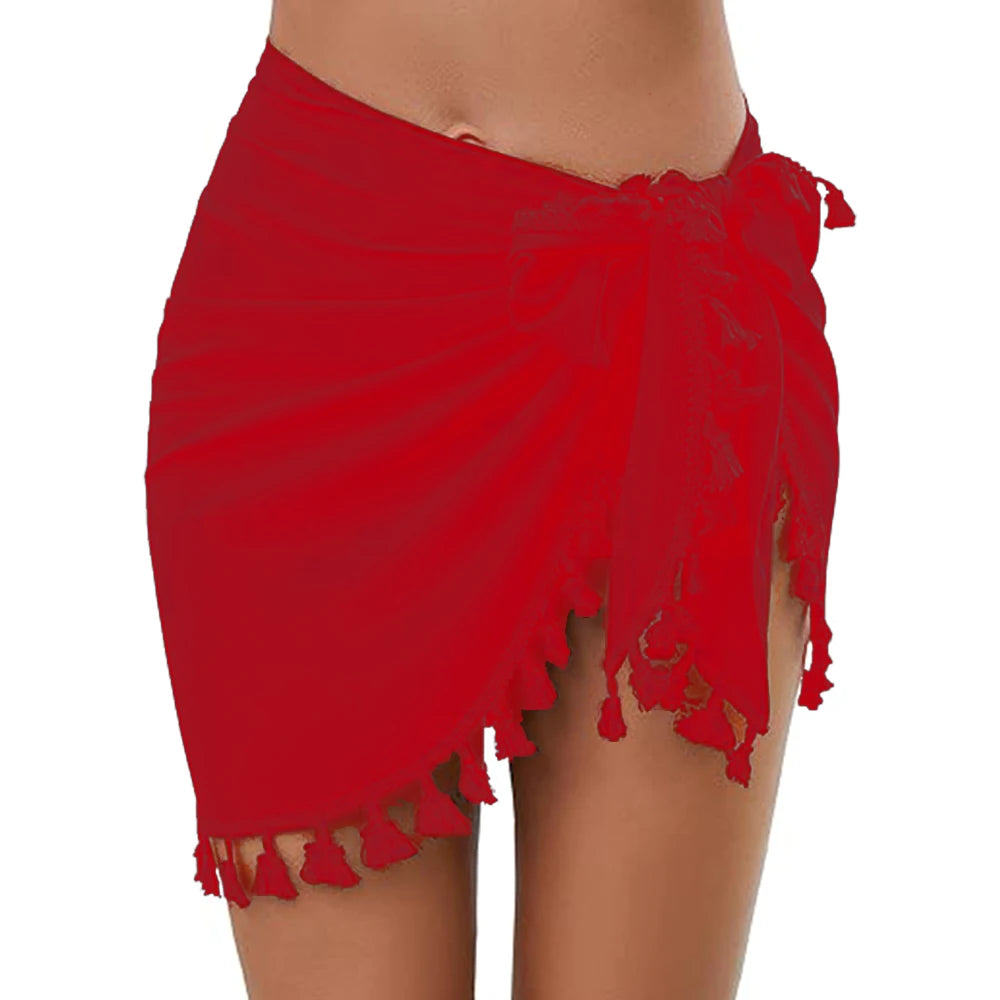 Women's Polyester Wrap Sarong With Tassel Edges And Adjustable Front Tie Short Length Lightweight