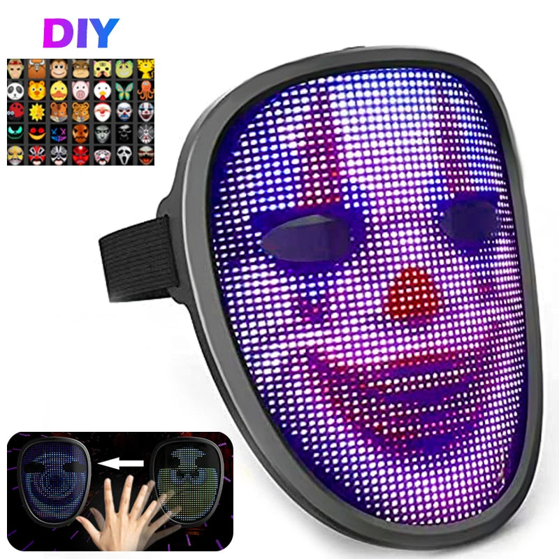 Black plastic LED mask with gesture sensing and customizable RGB color animations for parties and photo booths.