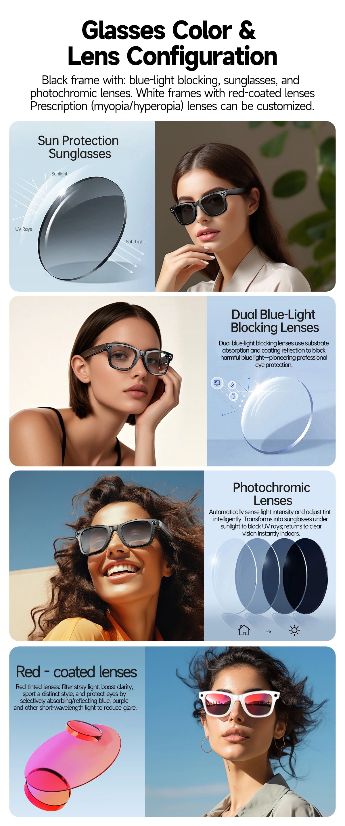 2026 Smart Glasses 8MP Camera WiFi Bluetooth Touch Control IP65 Waterproof AI Translation Noise Cancelling AI Glasses Women