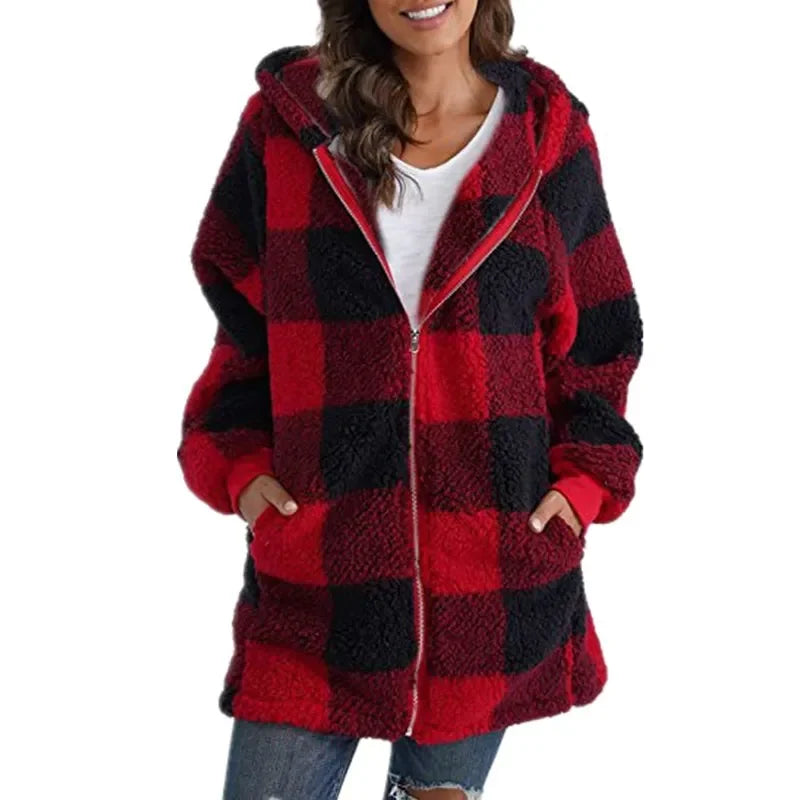Plush women's coat 2026 long sleeve plaid hooded zipper loose coat with pocket coat women