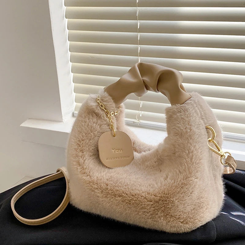 Women Faux Fur Plush Handbags Ruched Handle Small Lady Shoulder Crossbody Bag Casual Half-Moon Hobos Winter Bags for Women