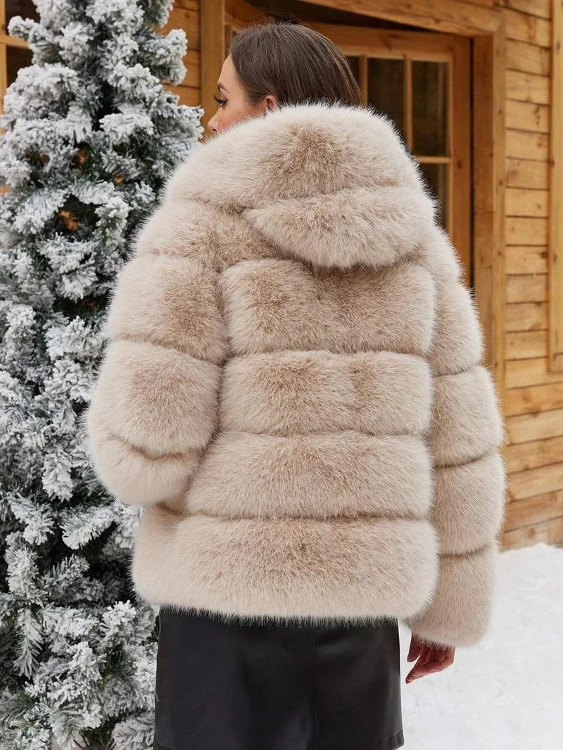 Luxe Women's Short Hooded Faux Fox Fur Coat Fashion Streetwear with Faux Fur Trim Thickened Winter Faux Fur Outwear