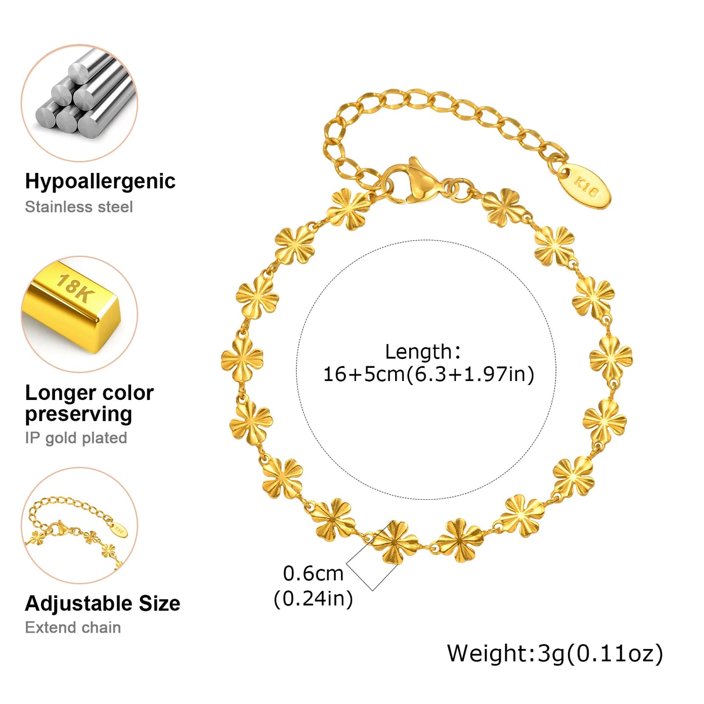 Elegant Four Leaf Clover Bracelet - Gold Plated Stainless Steel Flower Charm Bangle