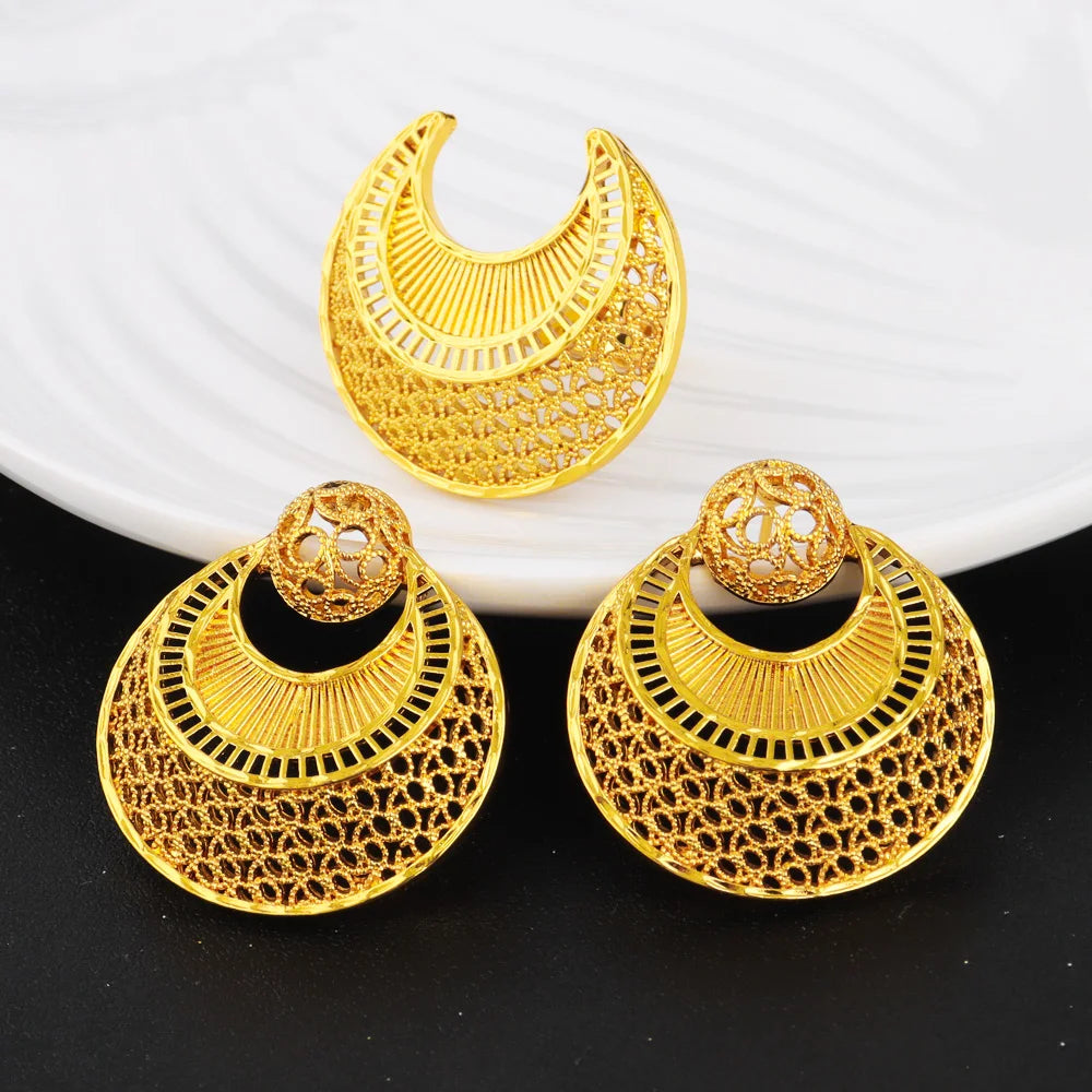 Dubai Gold Jewelry Set For Women Indian Earring Necklace Ring Nigeria Moroccan Bridal Accessorie Wedding Party Gift