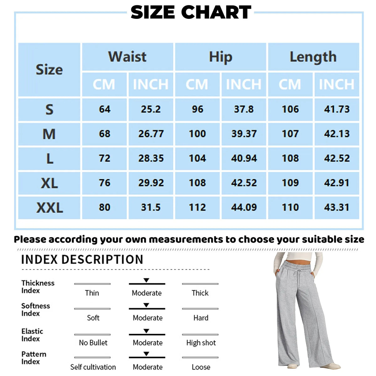 Women's pants size chart with waist and hip measurements in centimeters and inches