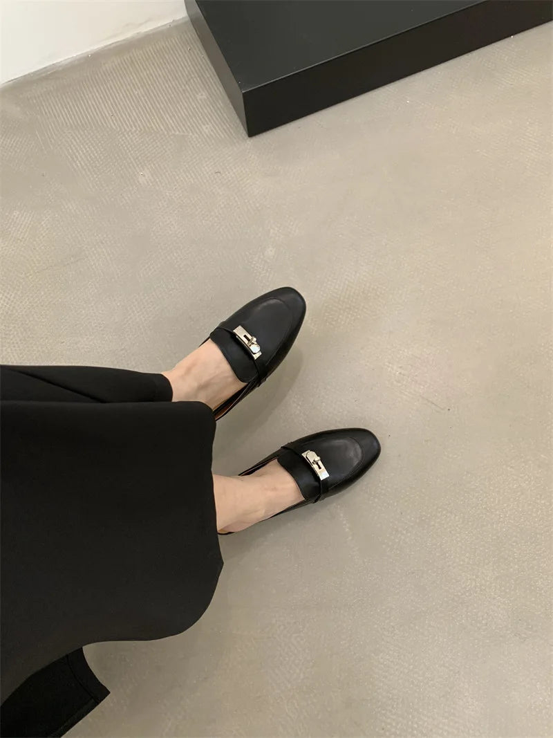 2025 Summer Autumn New Women's Leather Comfortable Slip On Slippers Daily Metal Decoration Casual Outside Mules Female Sandals