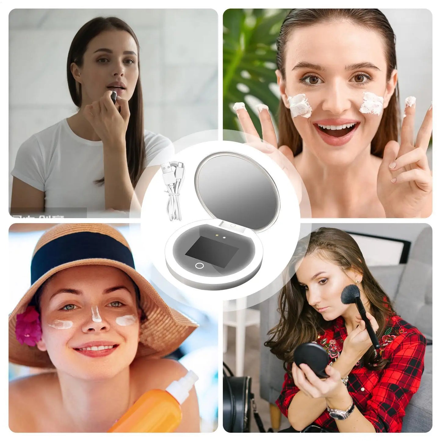 UV Mirror Sunscreen Testing Camera With Light 2X Magnification Travel Makeup Pocket Size UV Smart Sunscreen Makeup Mirror