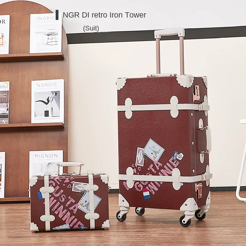Trendy Retro Luggage Women's Roller Trunk Leopard Print Leather Suitcase 20" Boarding Box Set Waterproof Password Suitcase