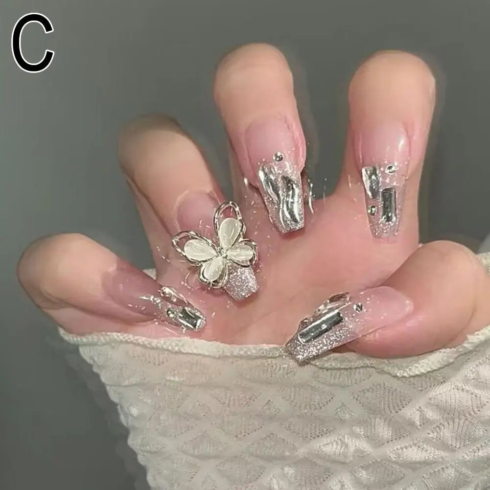 24Pcs Glitter Diamond Press On Nails Blush Pink Cat Eye Fake Nails Sweet Cute Coffin Full Cover Short Square False Nail Tips Art