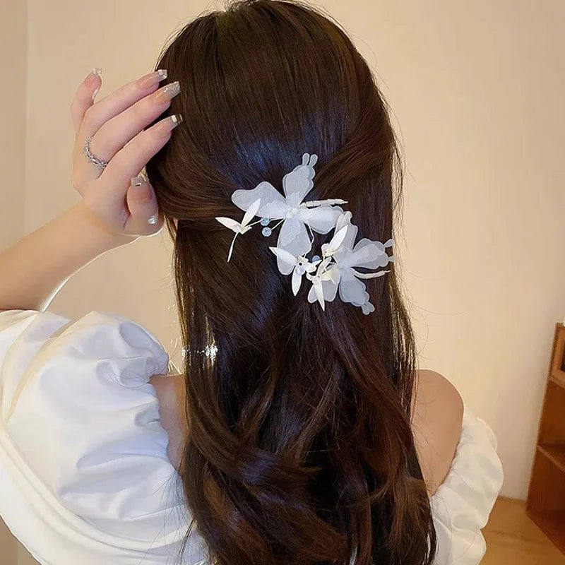 13cm Large Hair Claw For Women Elegant Butterfly Element Hair Gripper Exquisite Silk Flower Hair Clip Fashion Shark Hair Clips