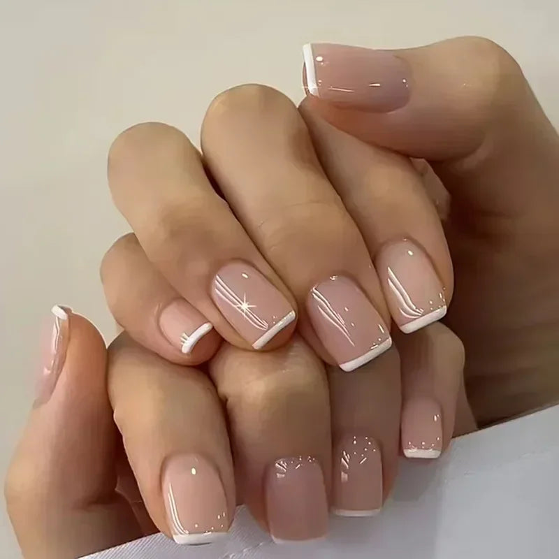 24Pcs French Tip Handmade Press On Nails Minimalist Solid Color Fake Nails Medium Square Full Cover Press On Nail Tips With Glue