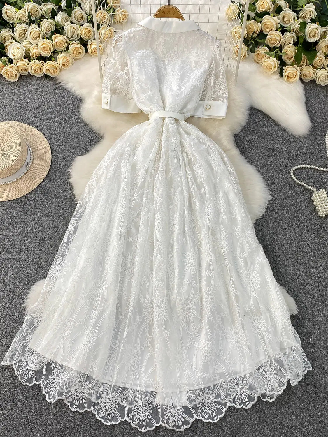 Designer Runway Lace Blazer Dress – Luxury Embroidered Long Gown for Elegant Evenings