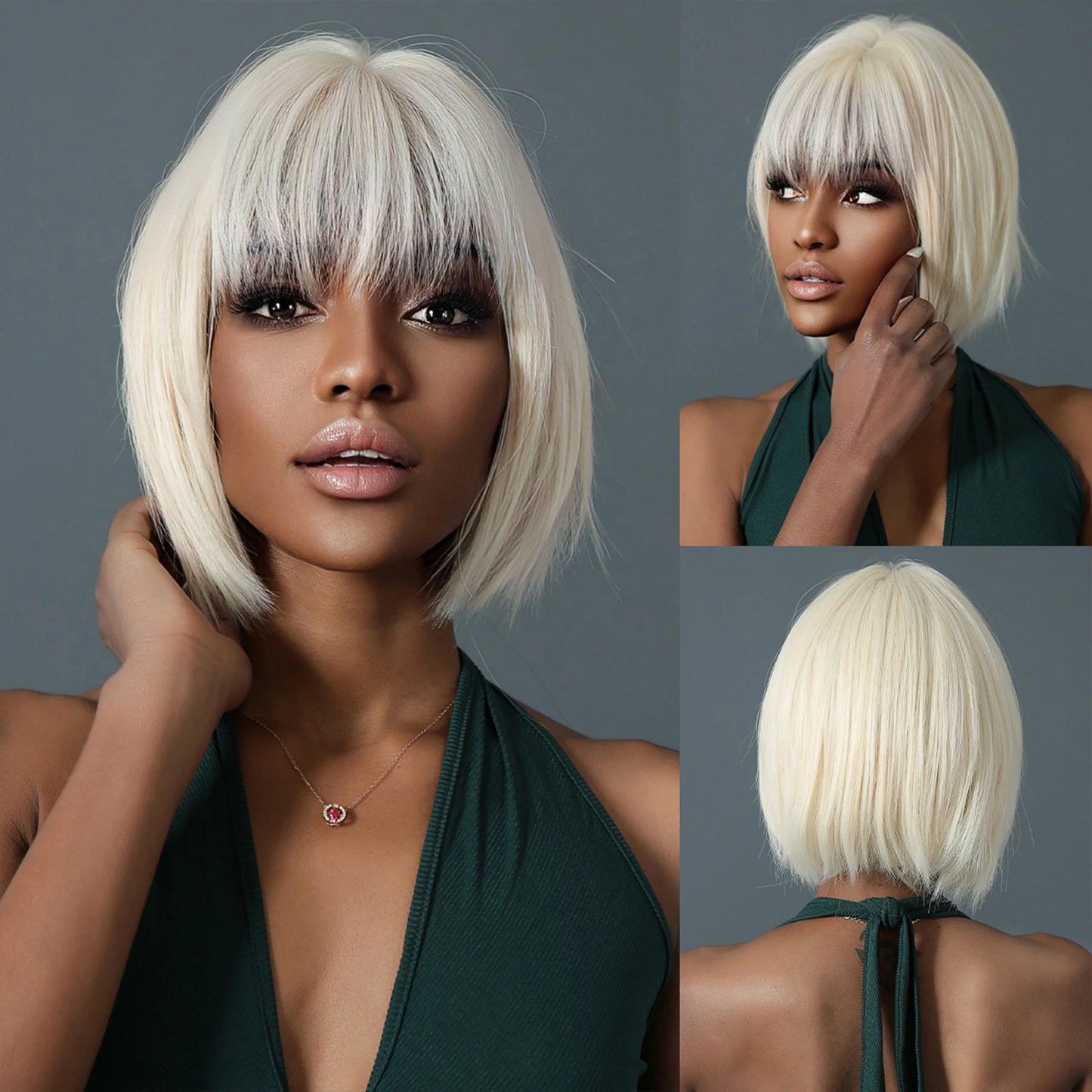 Synthetic Wigs Short Ombre Sky Blue White Wig with Bangs Straight Blunt Bob Cut Hair for Women Halloween Cosplay Heat Resistant