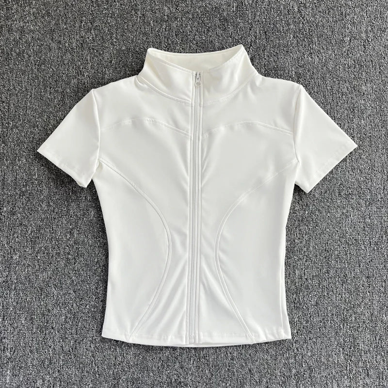 White short-sleeve sculpting yoga top with a full zip stand collar for fitness training.
